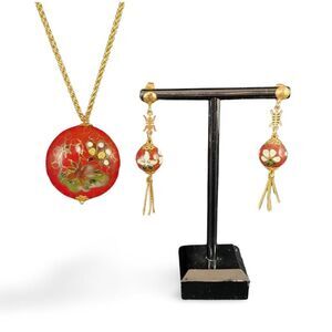 Cloisonne Red Pendant Necklace Earrings Set Vtg Lotus Flower Bird Long Chain